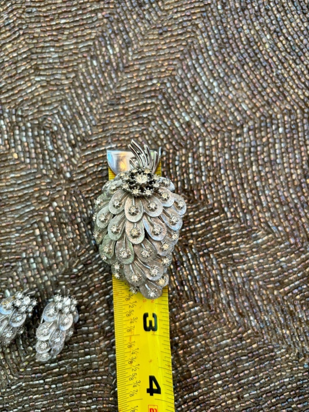 Vintage Crystal Pinecone Brooch and Clip-On Earrings - Silver Tone - Picture 5 of 9